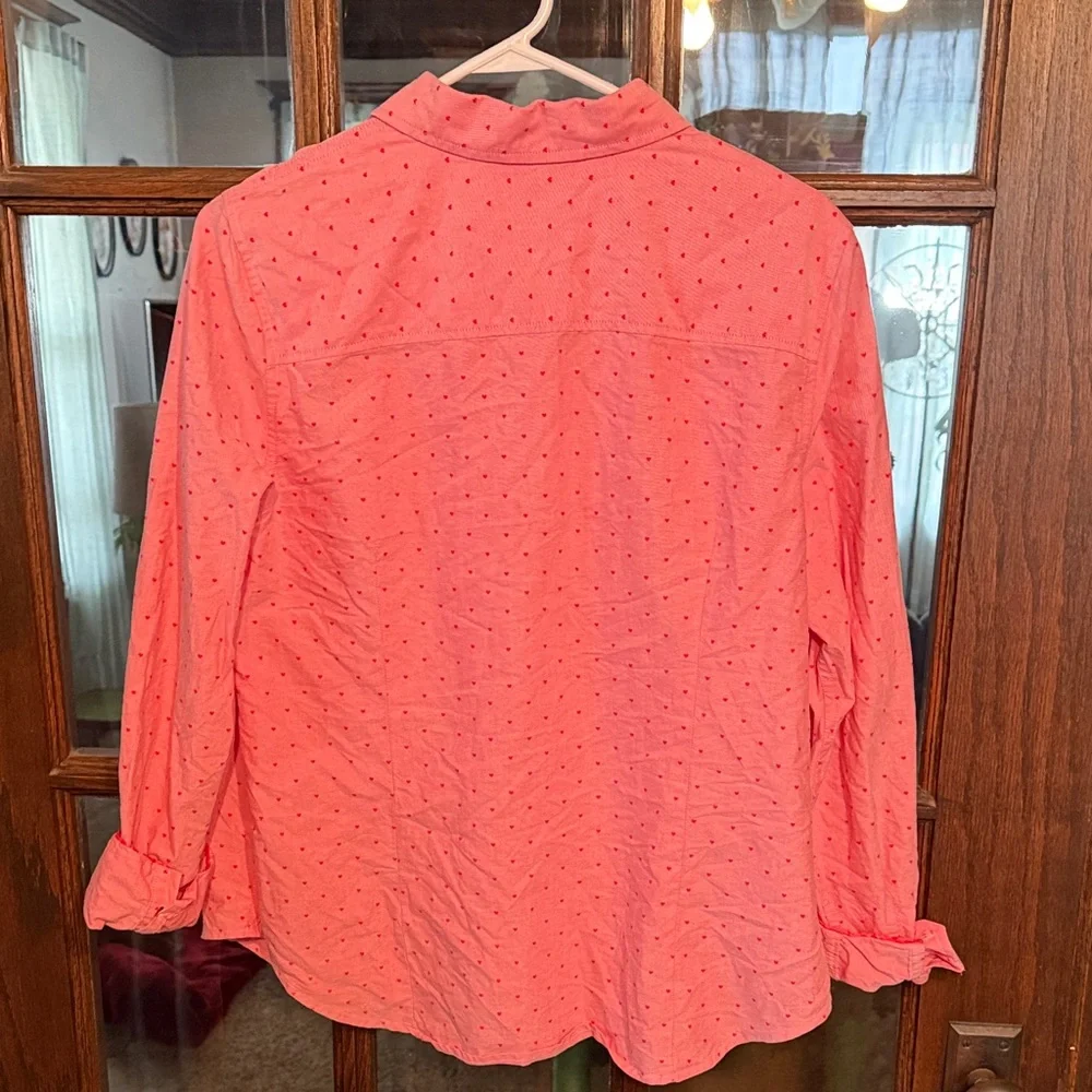 JCP Womens XL Pink Heart Print Button Down Oxford Shirt Long Sleeve Coral‎ Red